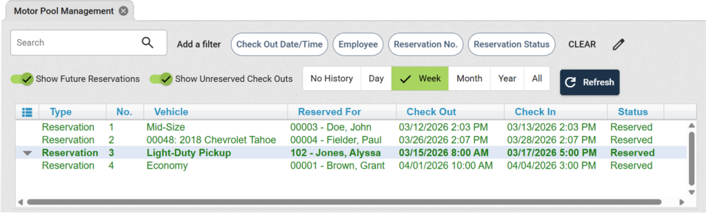Motor Pool Reservations Screen Grab